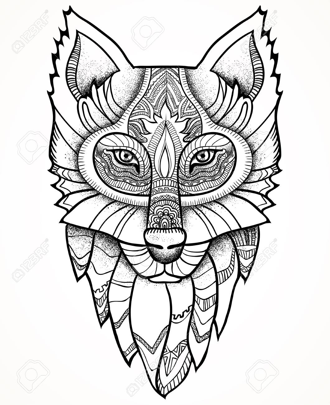 1060x1300 Vector Illustration. Ethnic Totem Wolf And Dreamcatcher. Doodle