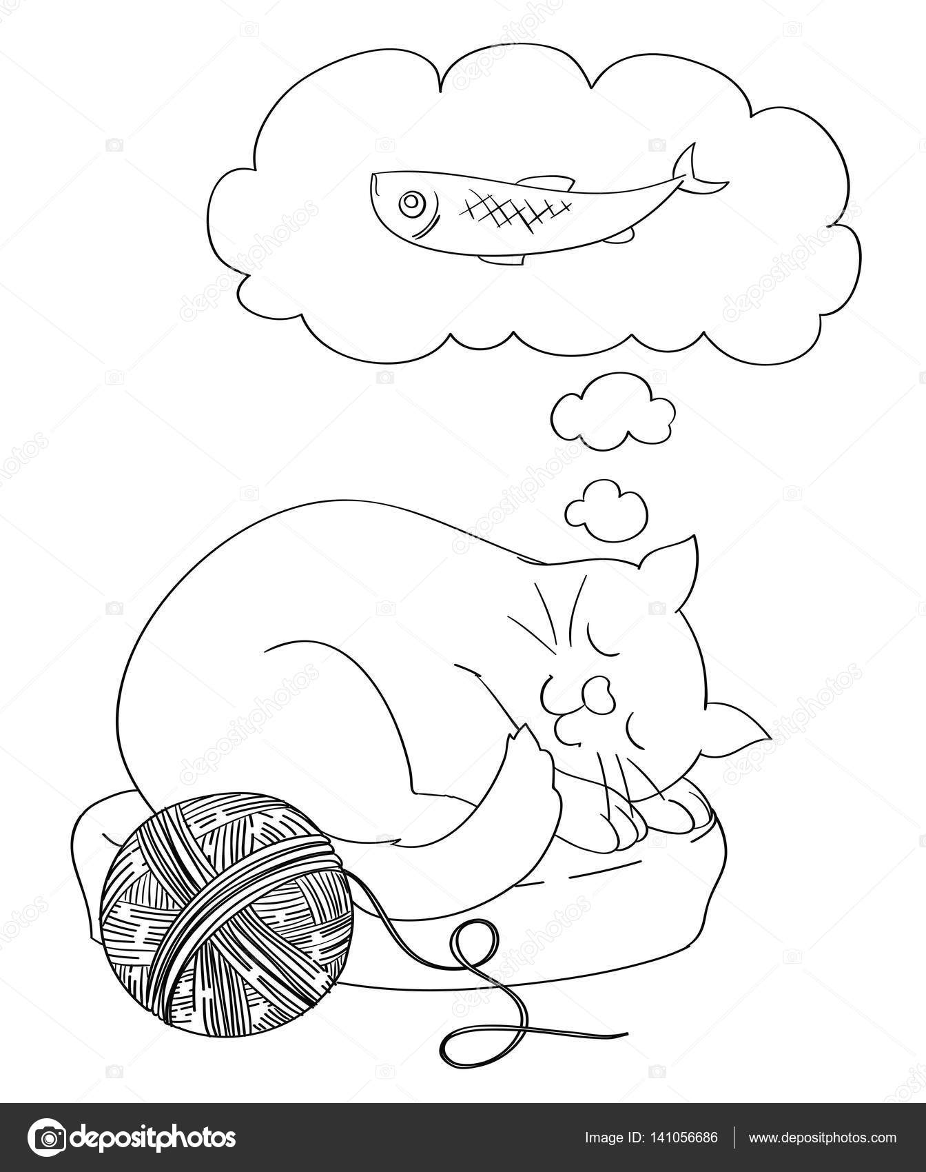 1344x1700 Cute Cartoon Cat Dreaming Of A Fish As Food. Coloring Page Versi