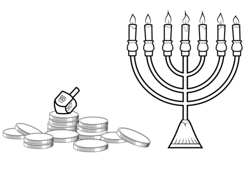 480x332 Hanukkah Menorah, Dreidel And Gelt Coloring Page Free Printable