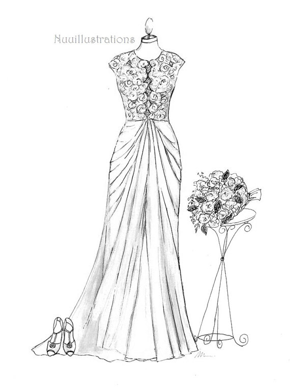 570x762 6x8 Custom Bridal Wedding Dress Drawing Sketch Illustration