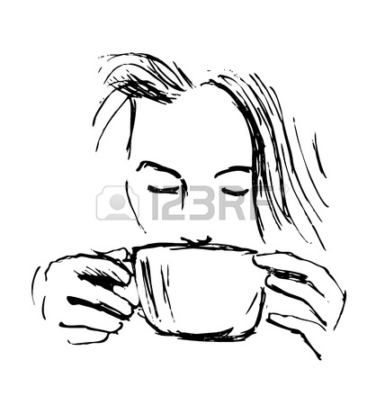 428x450 Colored Hand Drawn Sketch Woman Drinking Coffee. Vector