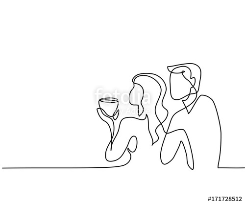 500x417 Continuous Line Drawing. Young Couple Drinking Coffee. Vector