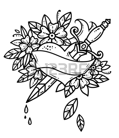 388x450 Tattoo Heart Pierced With Dagger. Blood Drips From Heart Old