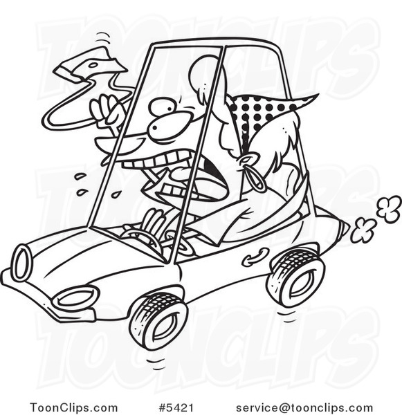 581x600 Cartoon Black And White Line Drawing Of A Female Driver With Road