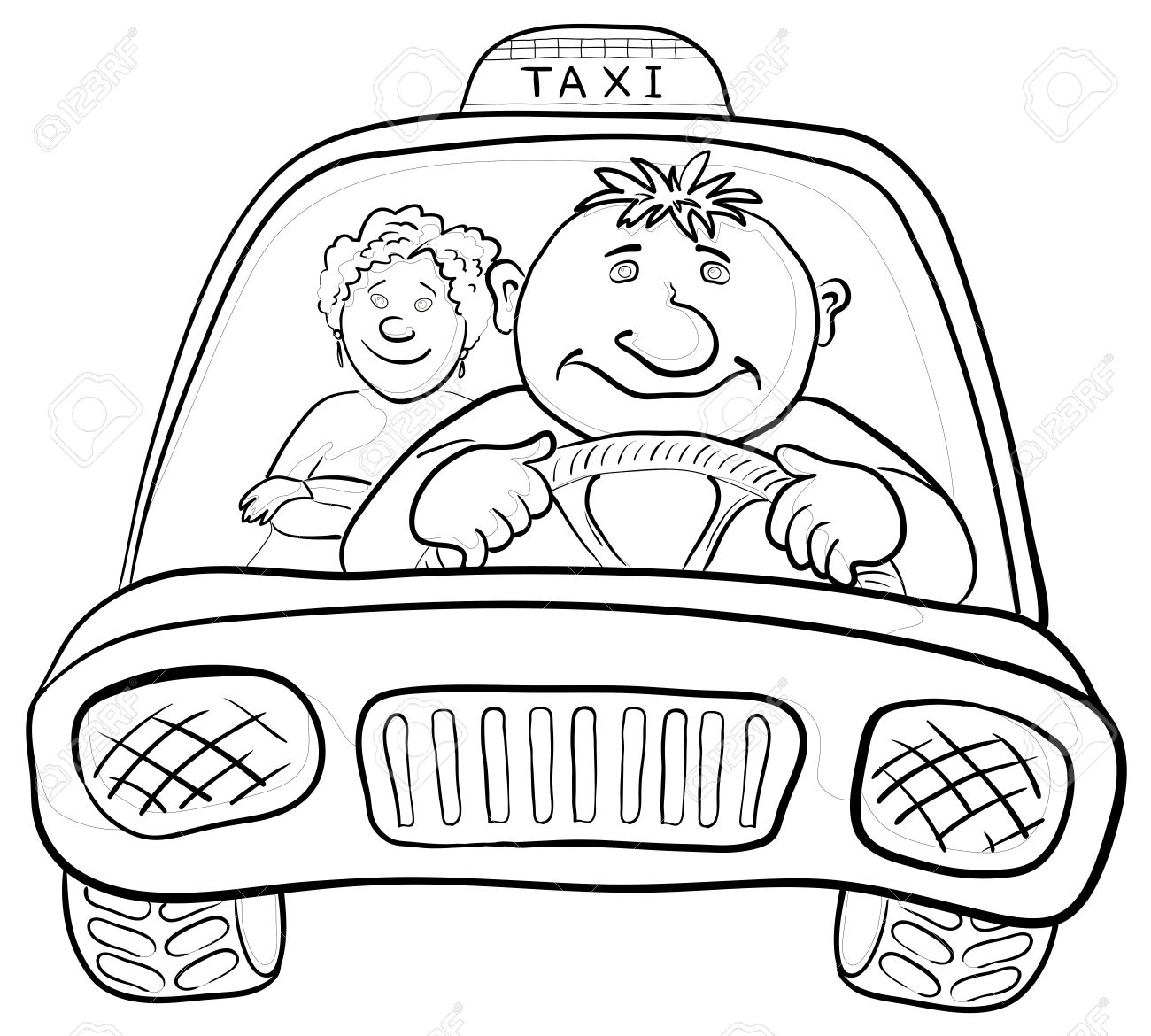 1300x1170 Cartoon, Car Taxi With A Man Driver And Passenger A Woman