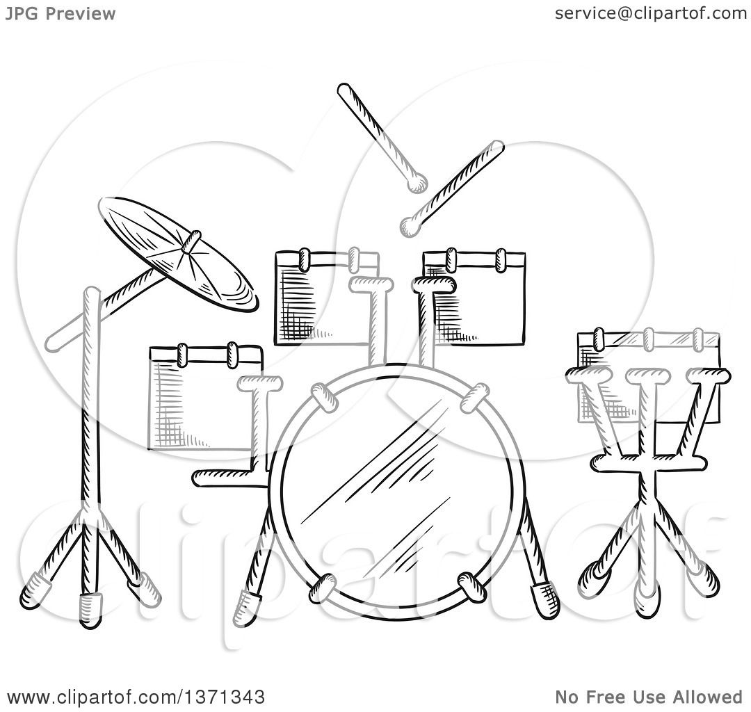 1080x1024 Clipart Of A Black And White Sketched Drum Set