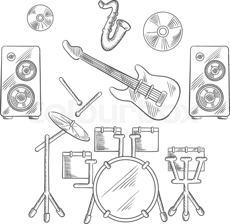 800x777 Musical Band Instruments With Drum Set, Electric Guitar, Drum