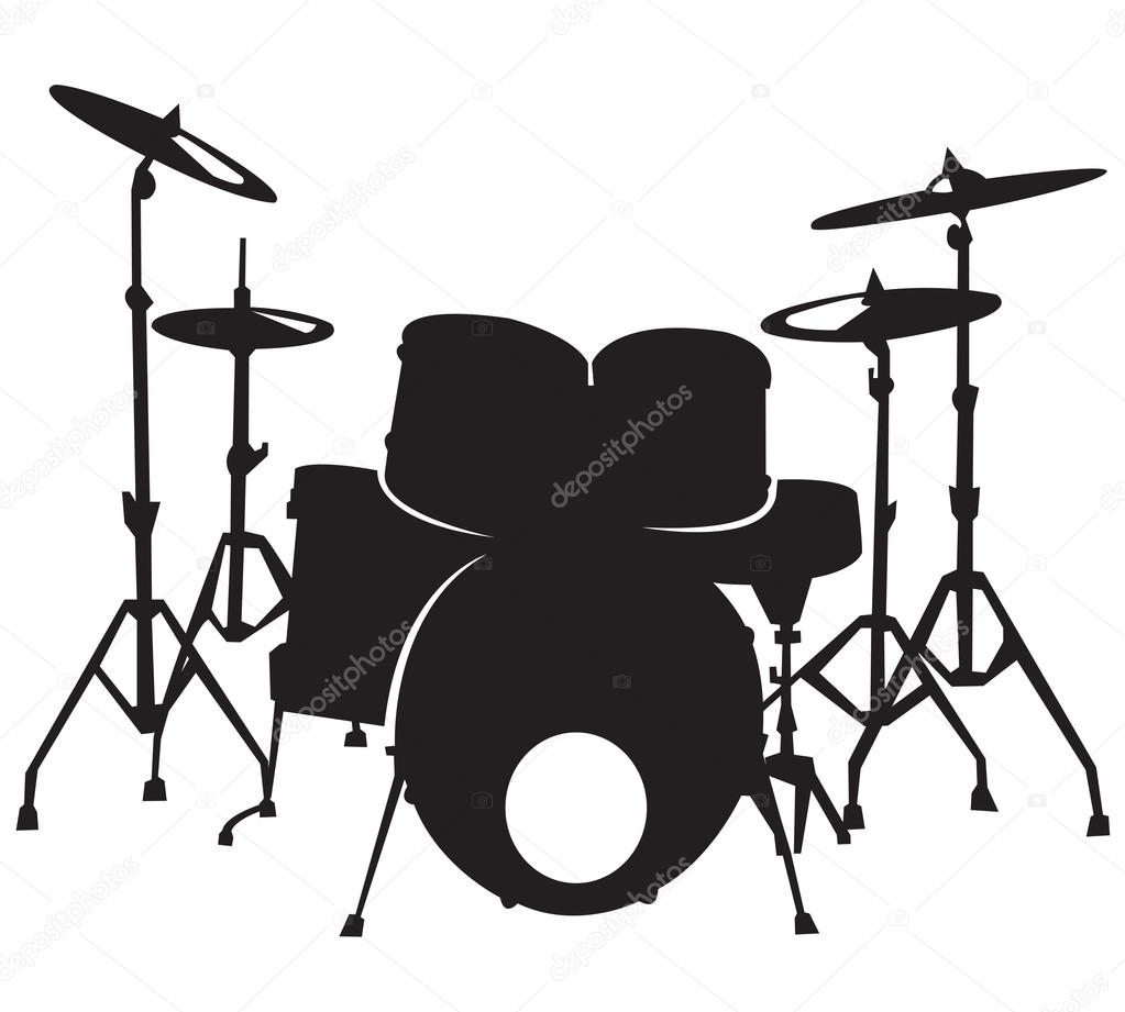 1023x921 Black Silhuette Of The Drum Set, Isolated On White Background