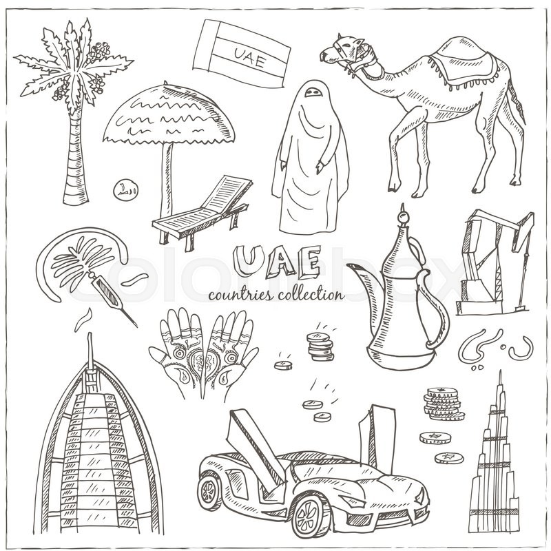 800x800 Hand Drawn Doodle Uae Travel Set. Sketchy Icons Set With Food
