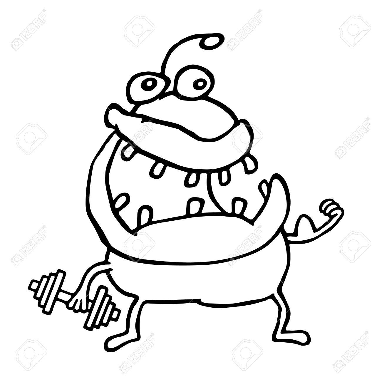 1300x1300 Funny Alien Monster Keeps A Dumbbell. Playing Sports. Cute Cartoon