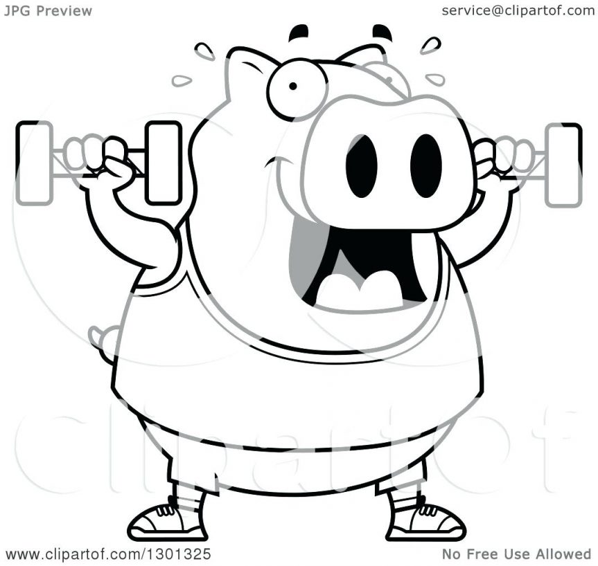 863x818 Outline Of A Cartoon Black And White Chubby Pig Working Out