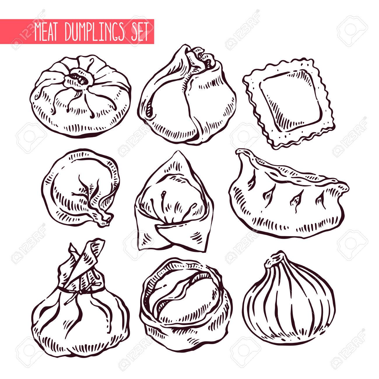 1300x1300 Appetizing Set Of Sketch Different Dumplings. Hand Drawn