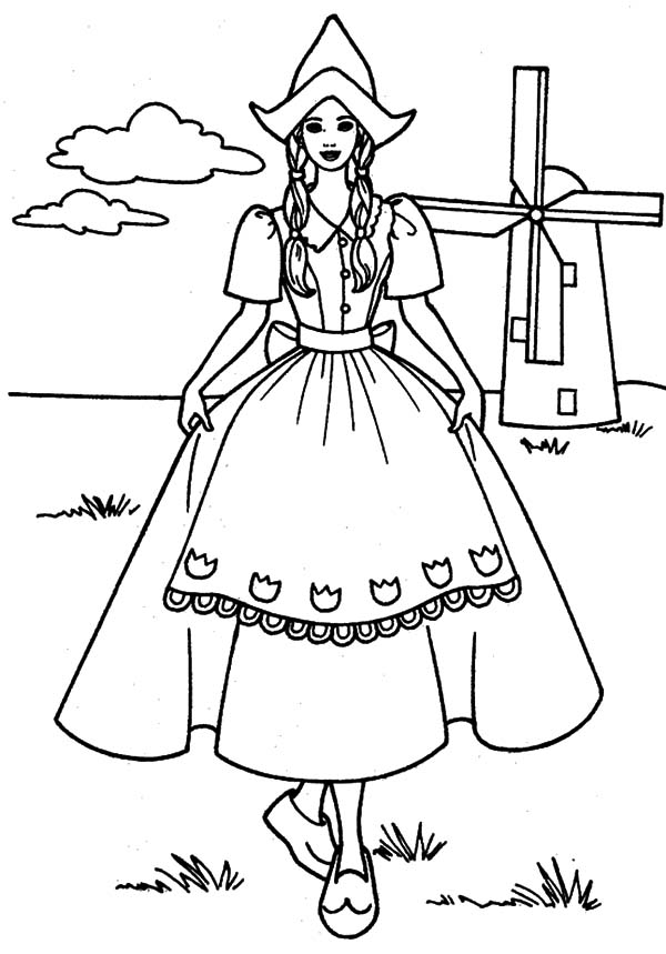 600x859 Dutch Girl Standing In Front Of Windmills Coloring Pages Batch