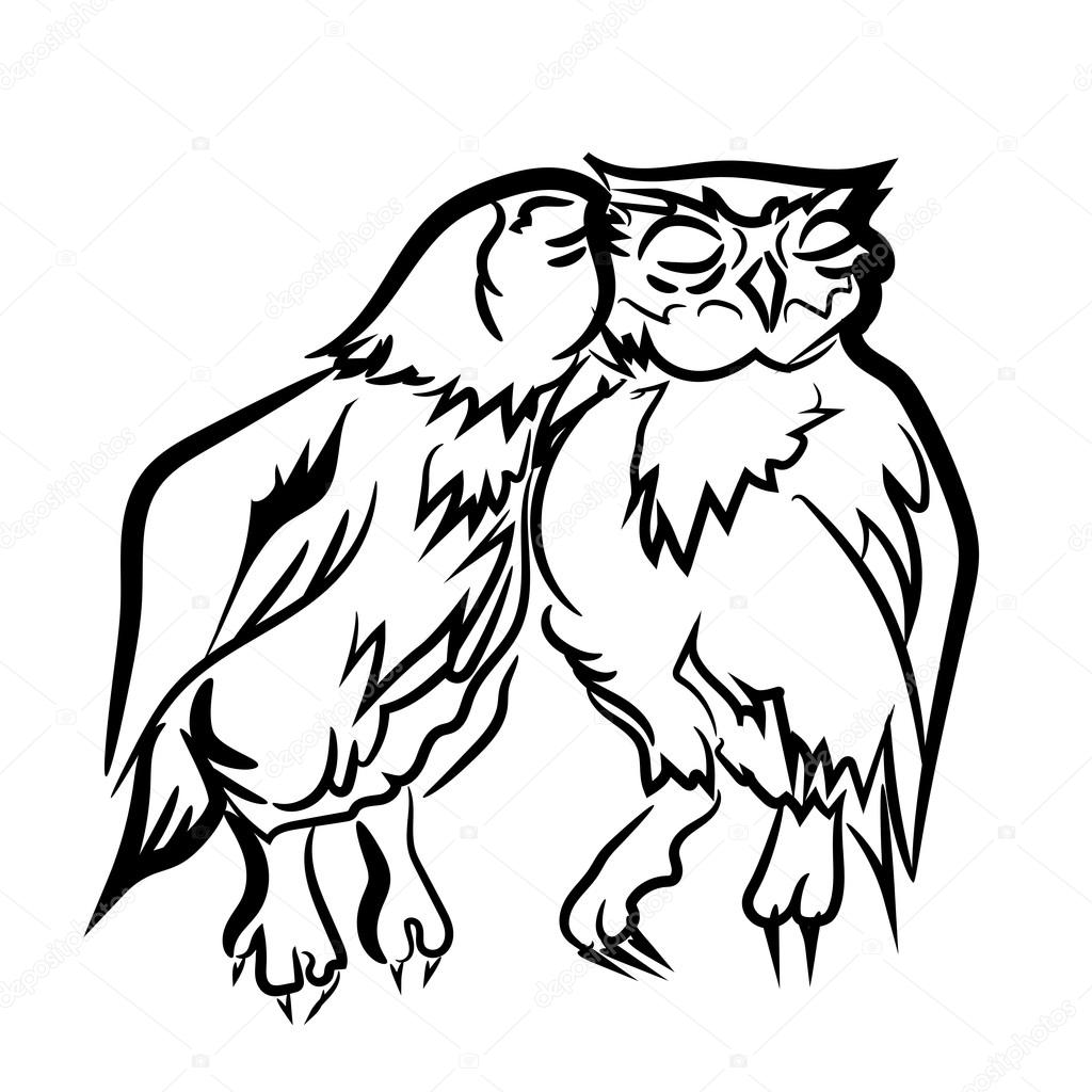 1024x1024 Love. Eagle Owl. Birds. Black White Hand Drawn Doodle.vector