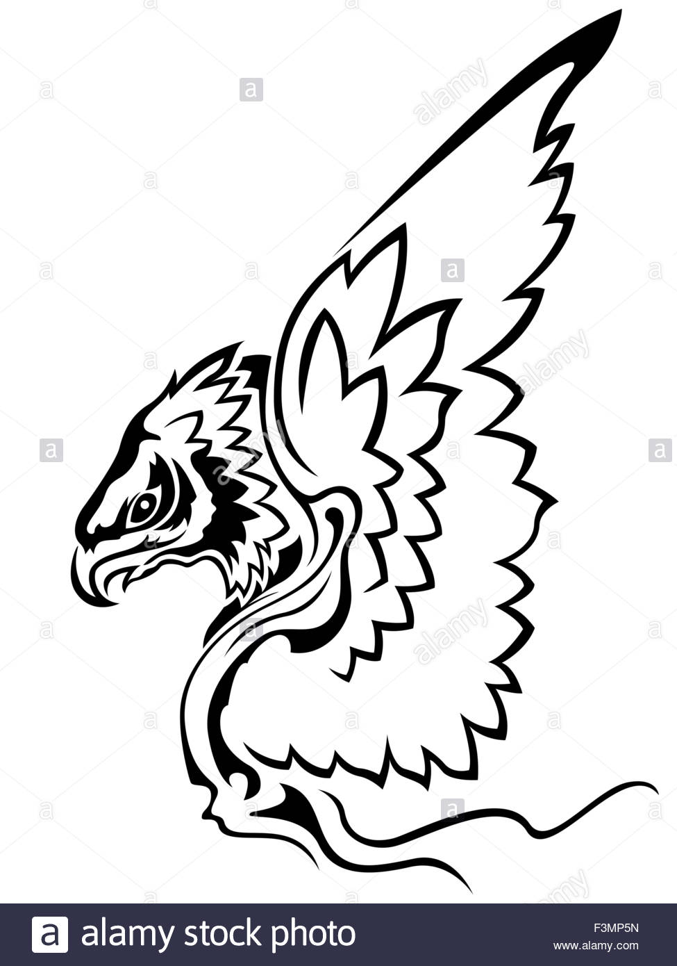 975x1390 Eagle With Raised Wings, Side View Cartoon Vector Outline Stock