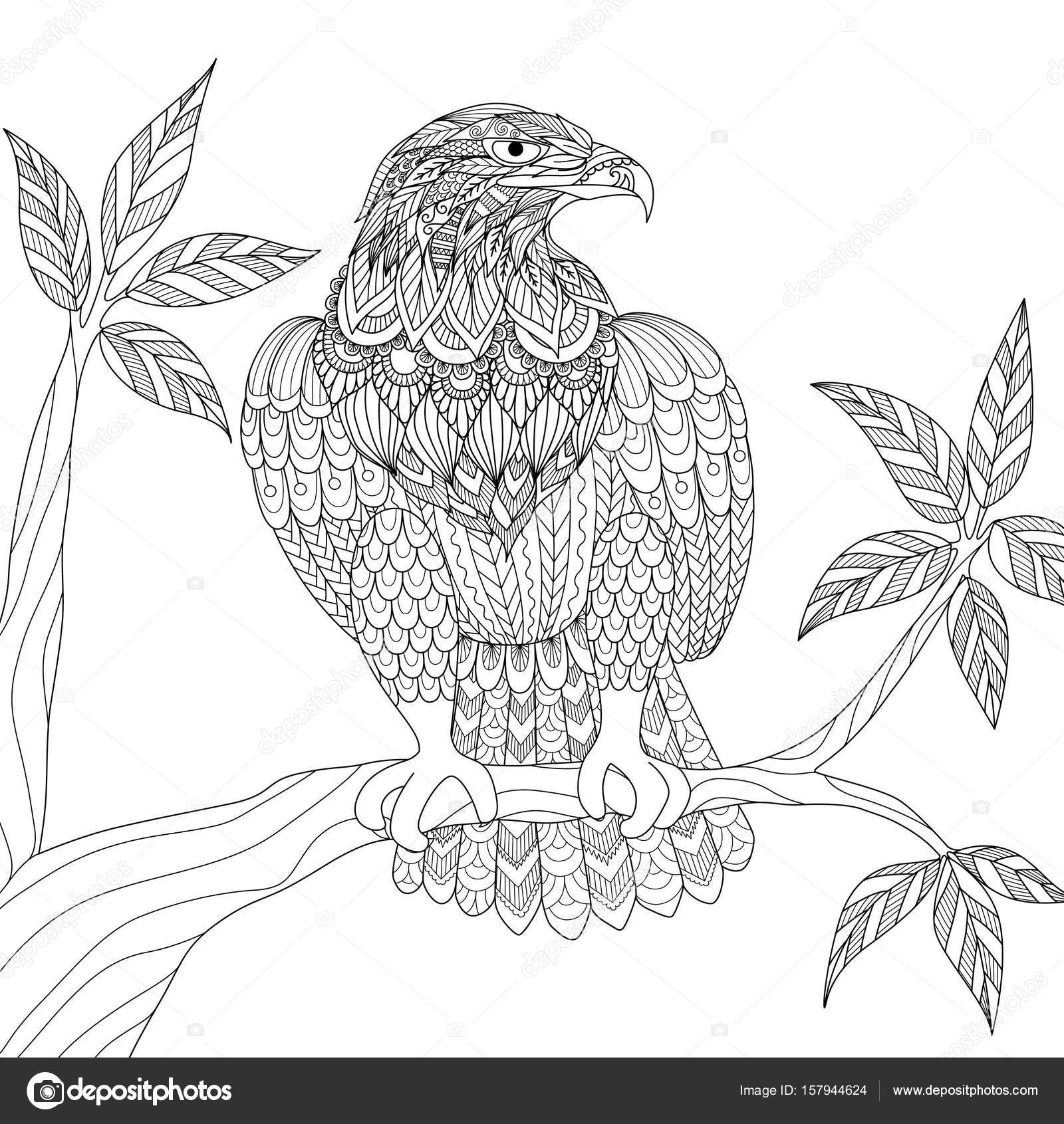 1600x1691 Hand Drawn Tribal Eagle Sitting On Tree Branch For Adult Coloring