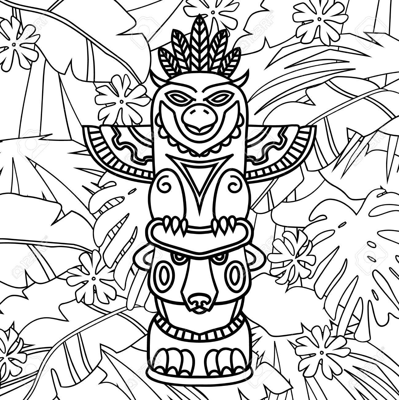 1299x1300 Doodle Traditional Tribal Totem Pole On Plants Background