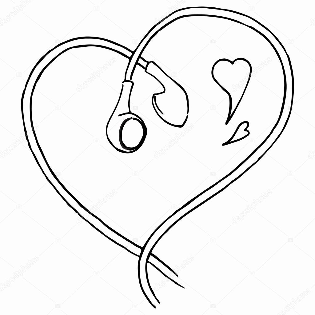 1024x1024 Monochrome Earphones Heart Shaped Love Music Line Art Isolated