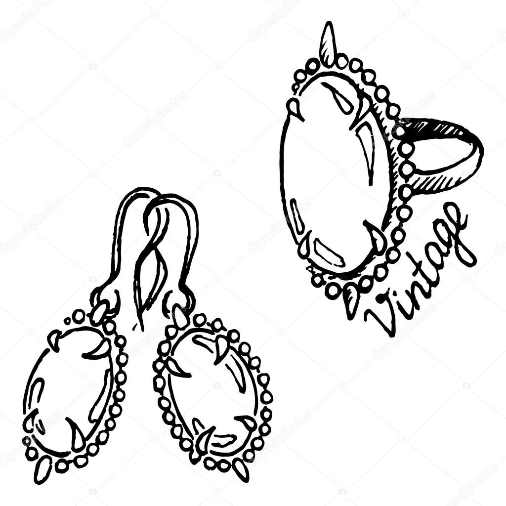 1024x1024 Doodle Ring Earrings Jewelry Set Sketch Vintage Isolated Vector