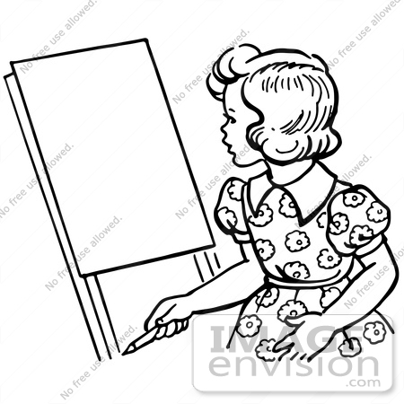 450x450 Clipart Of A Retro Girl Looking At An Easel In Black And White