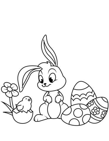 371x480 Cute Easter Chick, Bunny And Eggs Coloring Page Free Printable