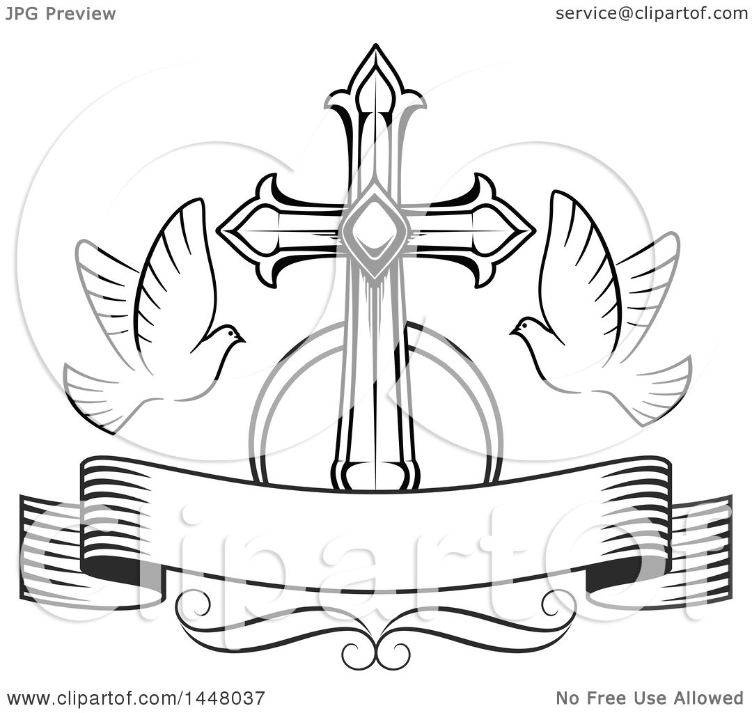 1080x1024 Clipart Of A Black And White Easter Cross With Doves And A Blank