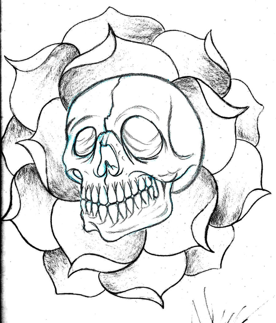 900x1055 Custom Skull And Flower Sketch By Deeperthanyou