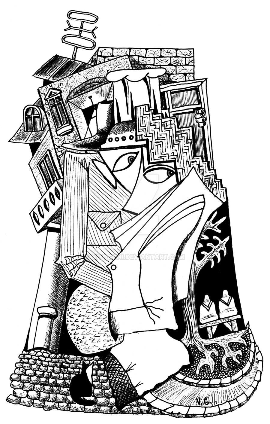 900x1411 Old City Surreal Black And White Pen Ink Drawing By Vitogoni