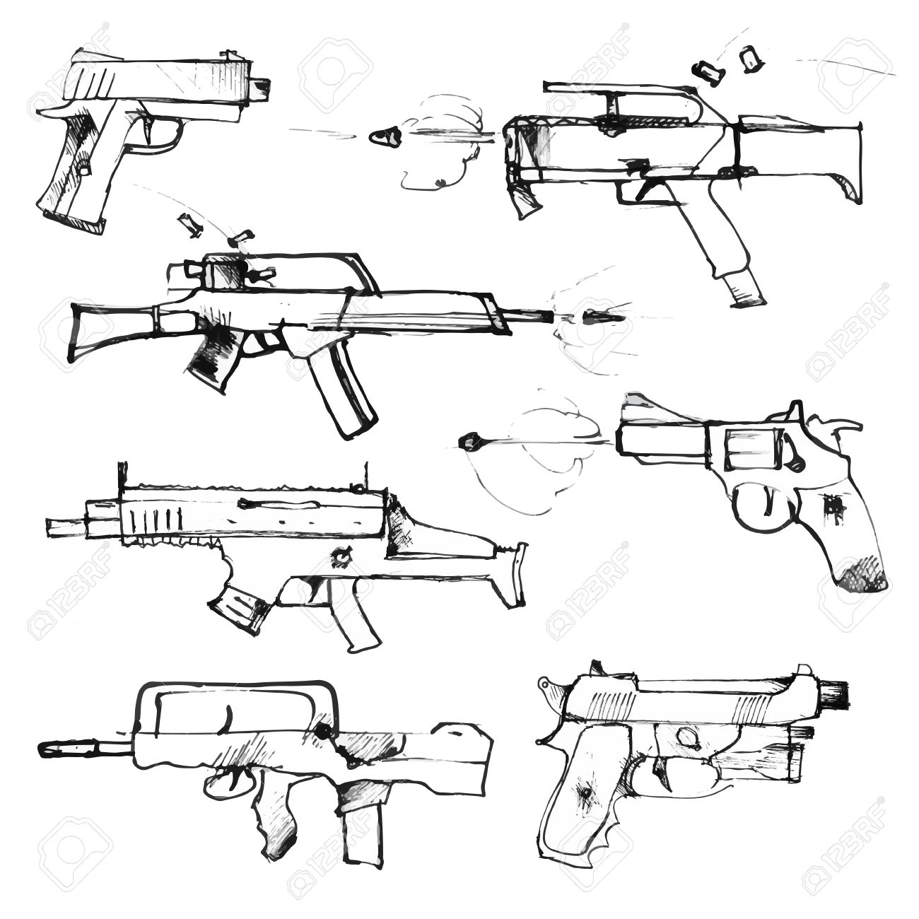 1300x1300 Set Of Hand Drawn Weapons Isolated On White. Rifles And Pistols