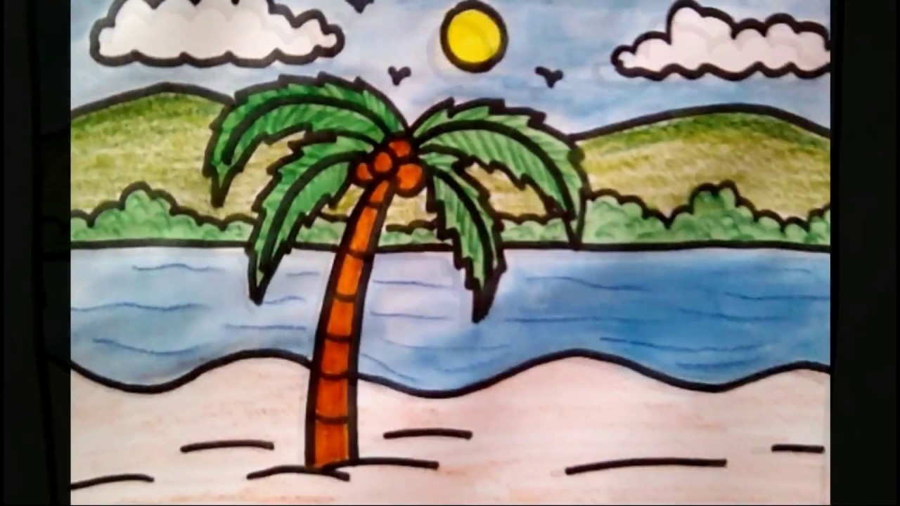 1280x720 How To Draw Coconut Tree Beach Scenery Drawing For Kids