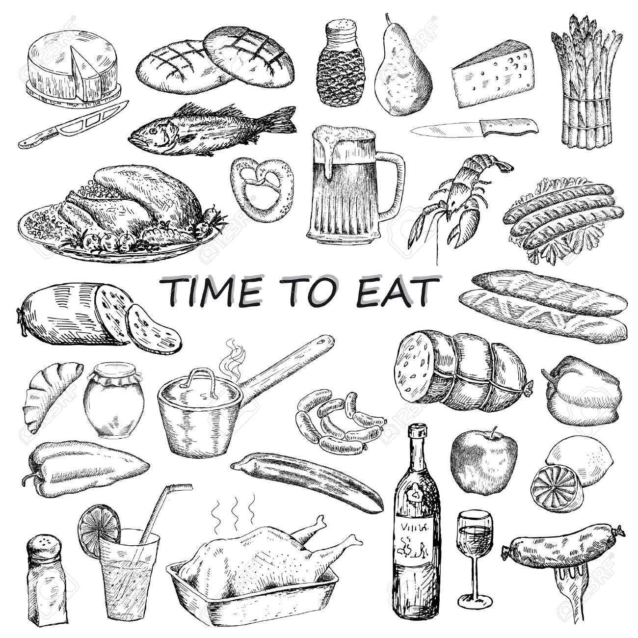 1300x1300 Time To Eat. Hand Drawing Set Of Vector Sketches Royalty Free
