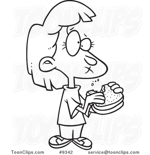 581x600 Cartoon Black And White Line Drawing Of A Girl Eating A Sandwich