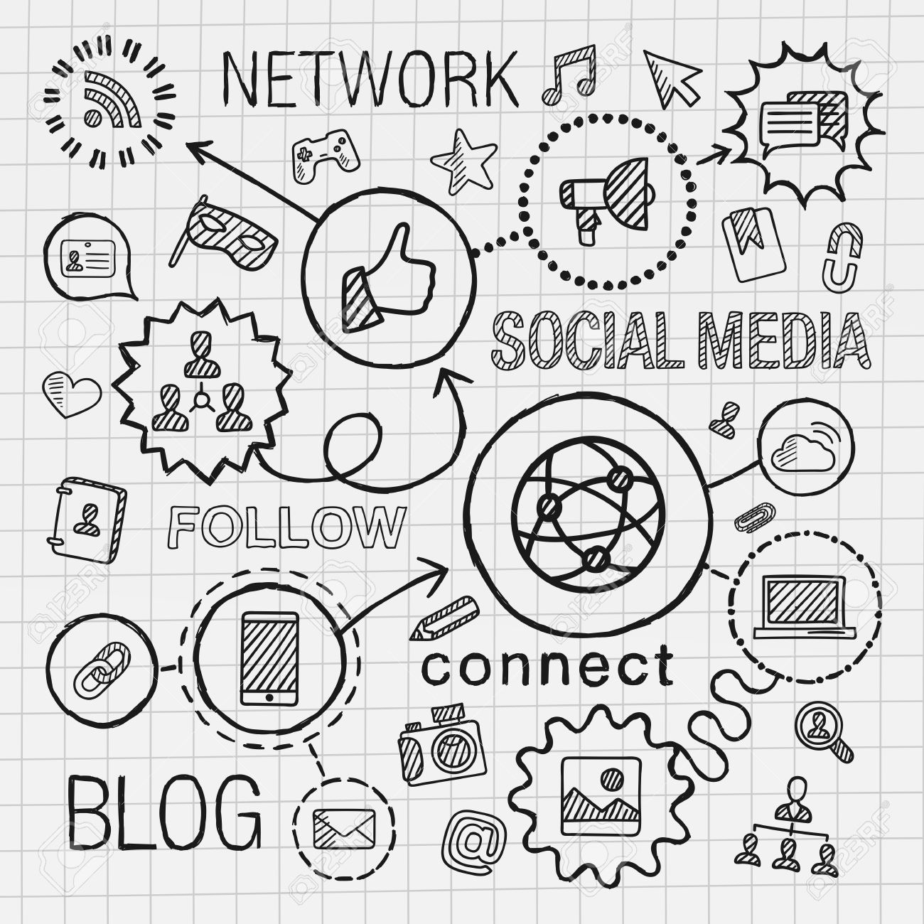 1300x1300 41722719 Social Media Hand Draw Integrated Icons Set Vector Sketch