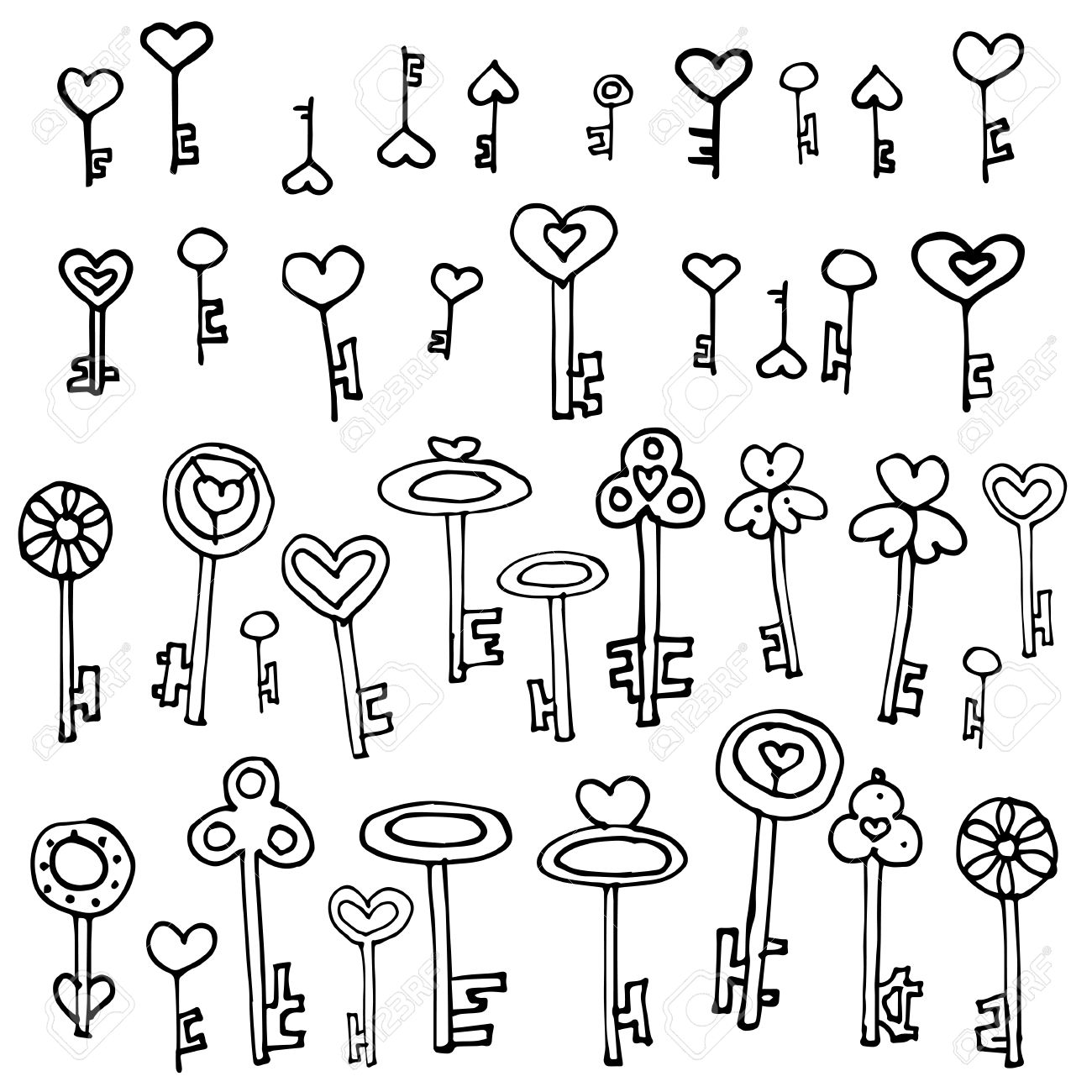 1300x1300 Keys Of Hearts. Hand Drawing Set Of Doodle Keys. Easy To Edit