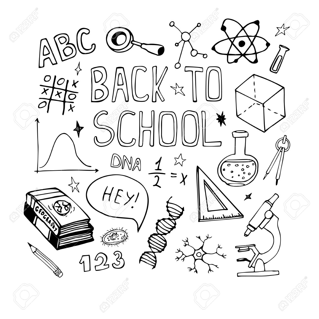 1300x1300 Hand Drawn Education Doodles. Math, Biology Sketch Drawing. Back