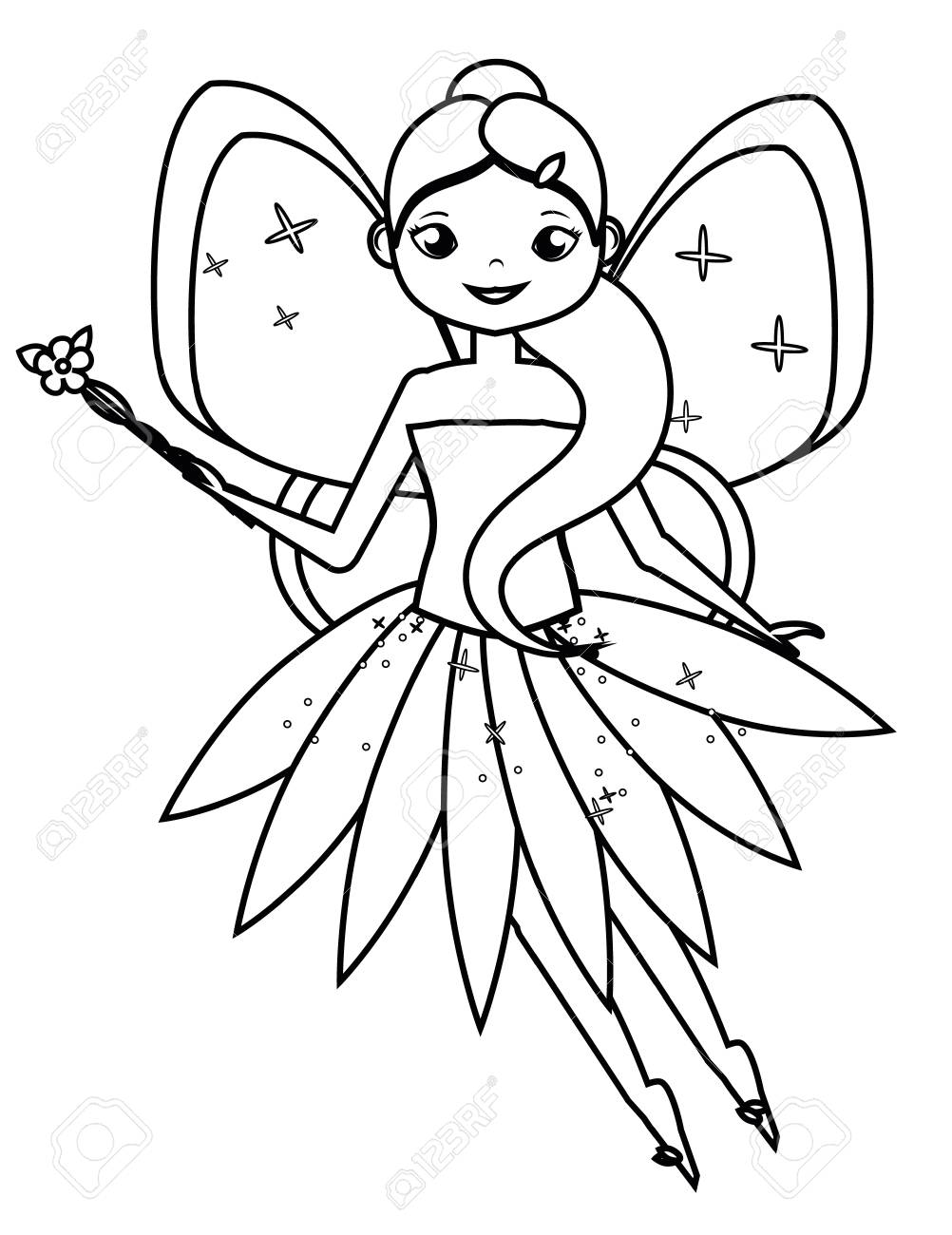1002x1300 Coloring Page With Cute Flying Fairy Holding Flower Magic Wand
