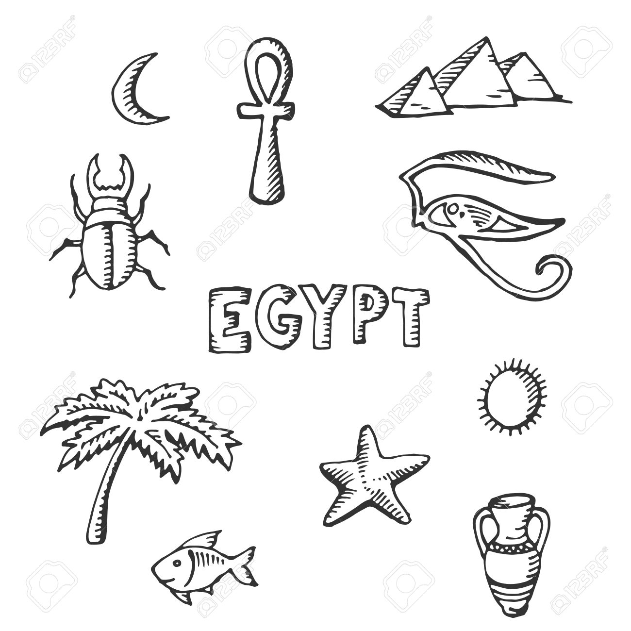 1300x1300 Sketch Collection Of Egyptian Symbols Palm, Egypt, Fish