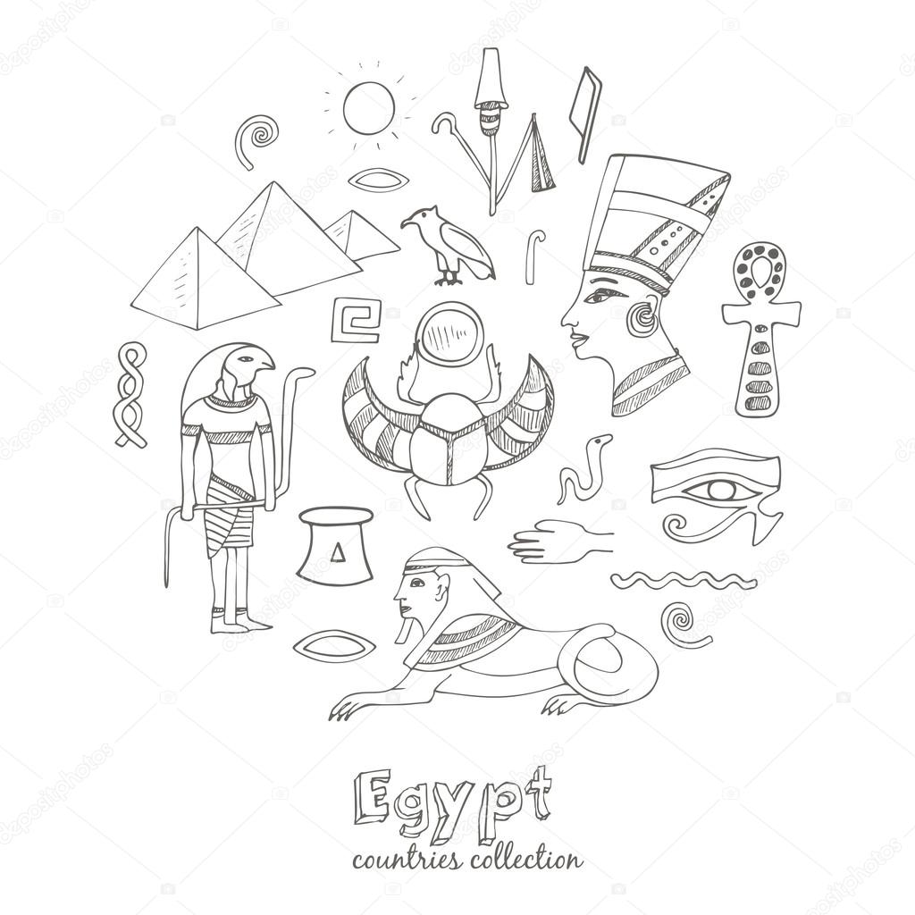 1024x1024 Egypt Symbols Set Sketches. Stock Vector Fafarumba