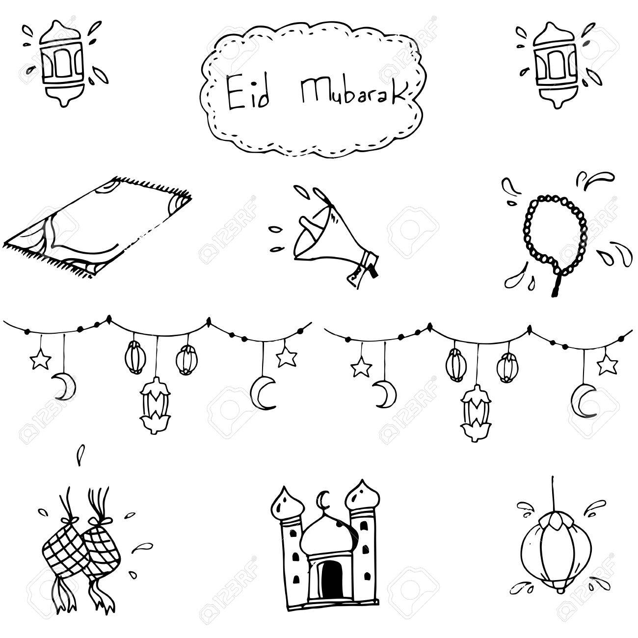 1300x1300 Eid Mubarak Islamic In Doodle Vector Illustration Royalty Free