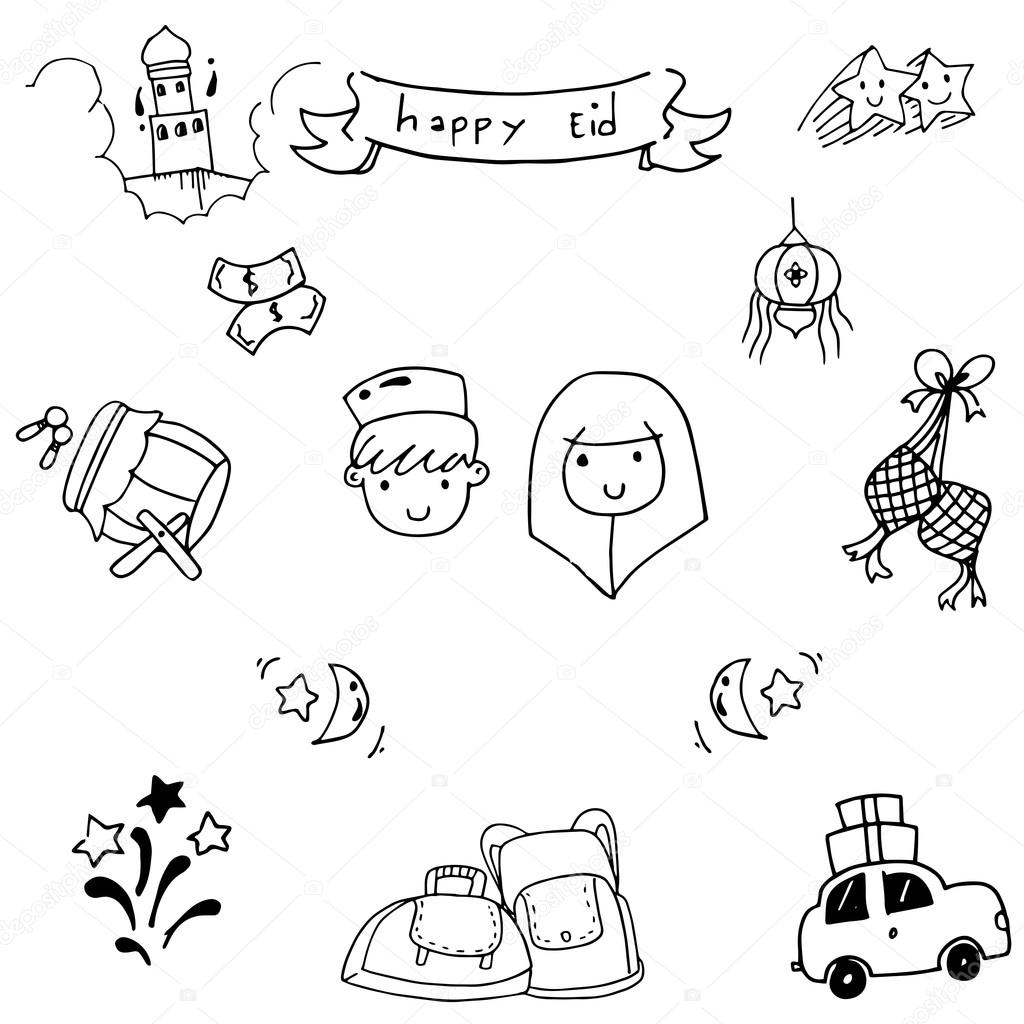 1024x1024 Hand Draw Doodle Vector Eid Mubarak Stock Vector Wongsalam77
