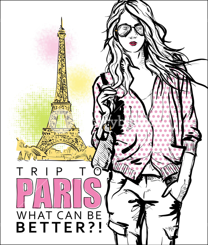 848x1000 Lovely Girl In Sketch Style On A Eiffel Tower Background. Vector