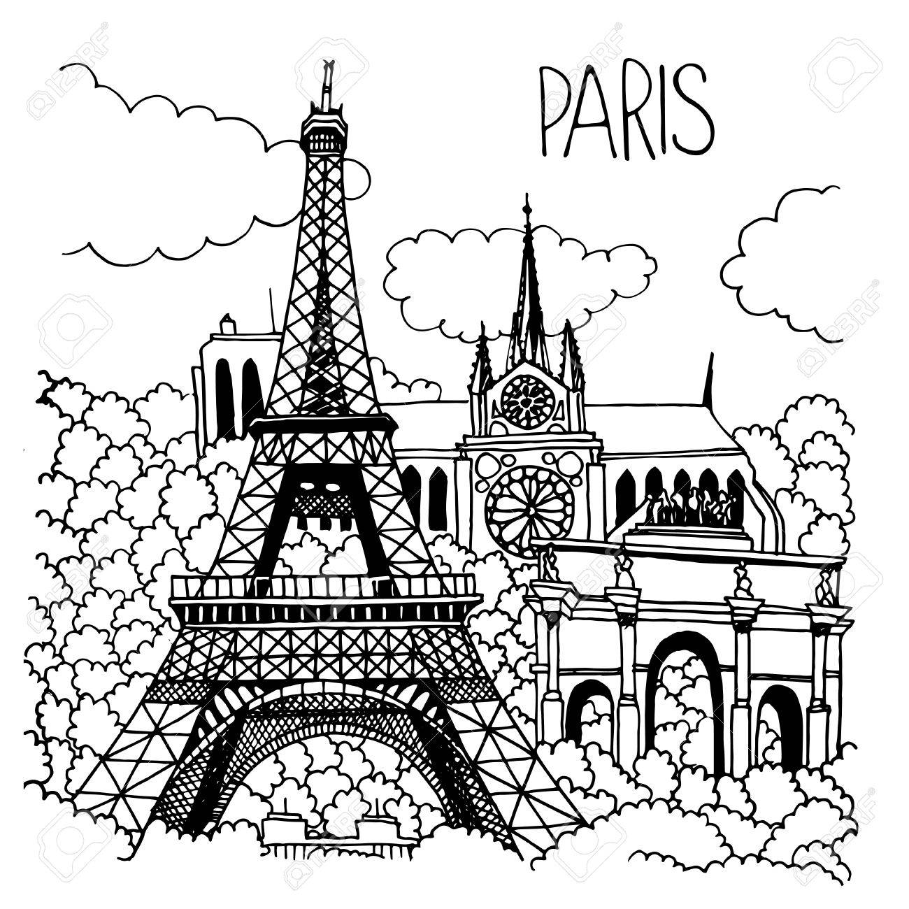 1300x1300 Hand Drawn Illustration Of Paris Landmarks. Eiffel Tower, Notre