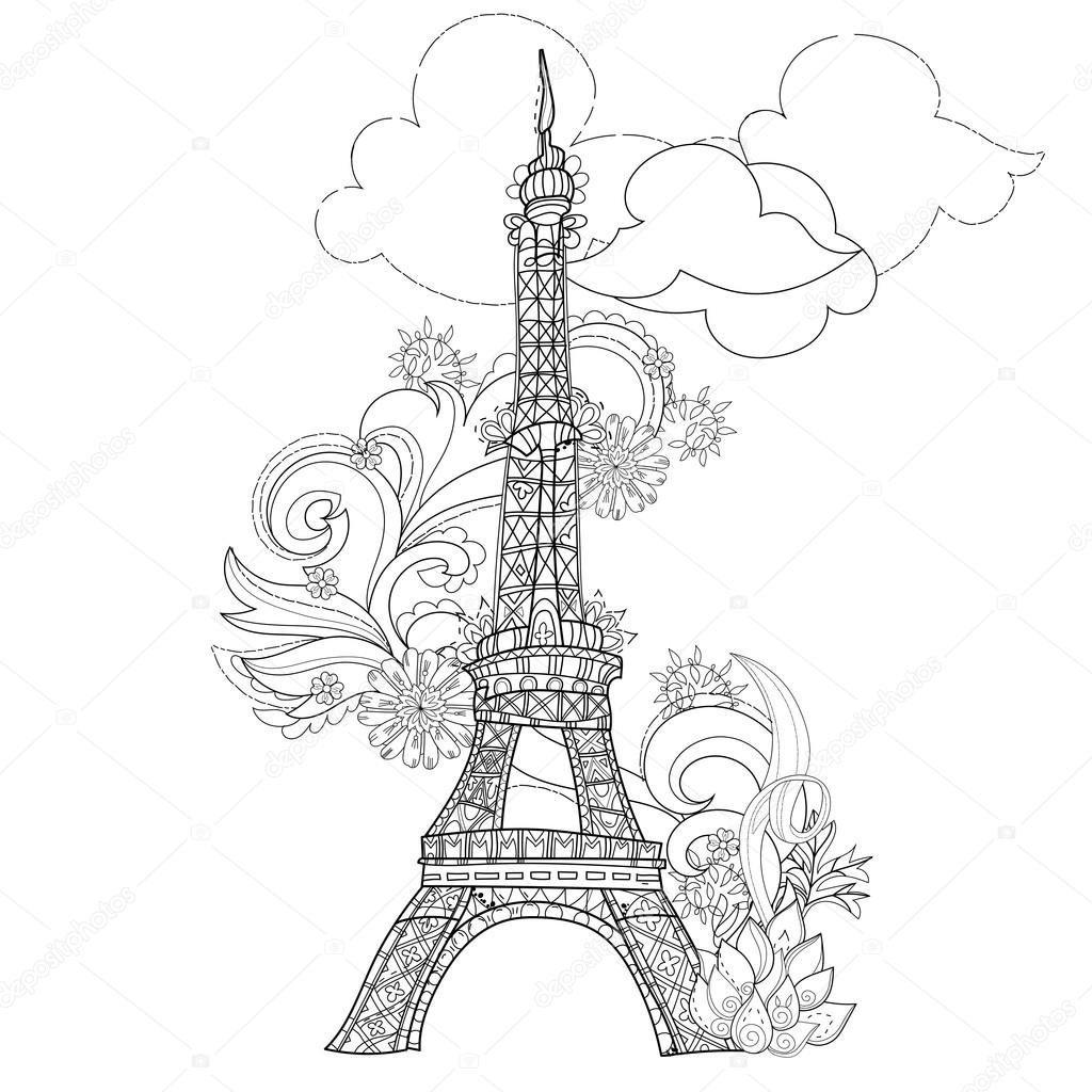 1024x1024 Zentangle Stylized Eiffel Tower Vector Doodle. Stock Vector