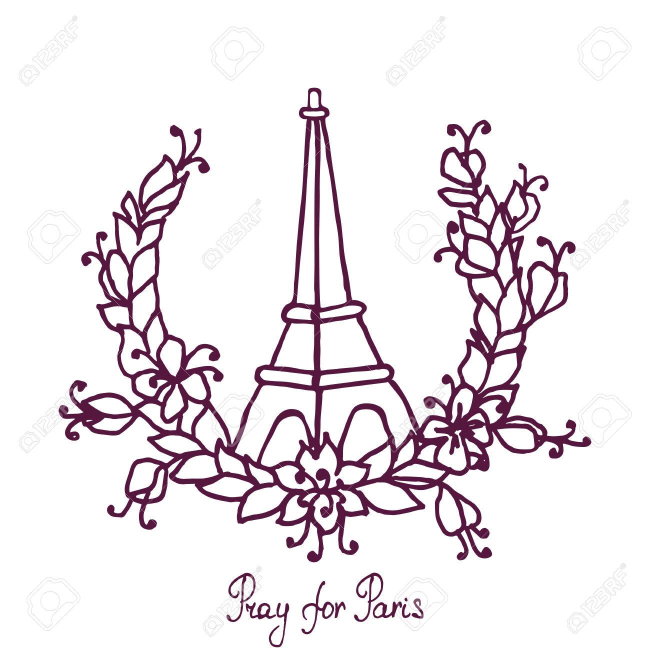 1300x1300 Hand Drawing Eiffel Tower And Floral Wreath. Pray For Paris