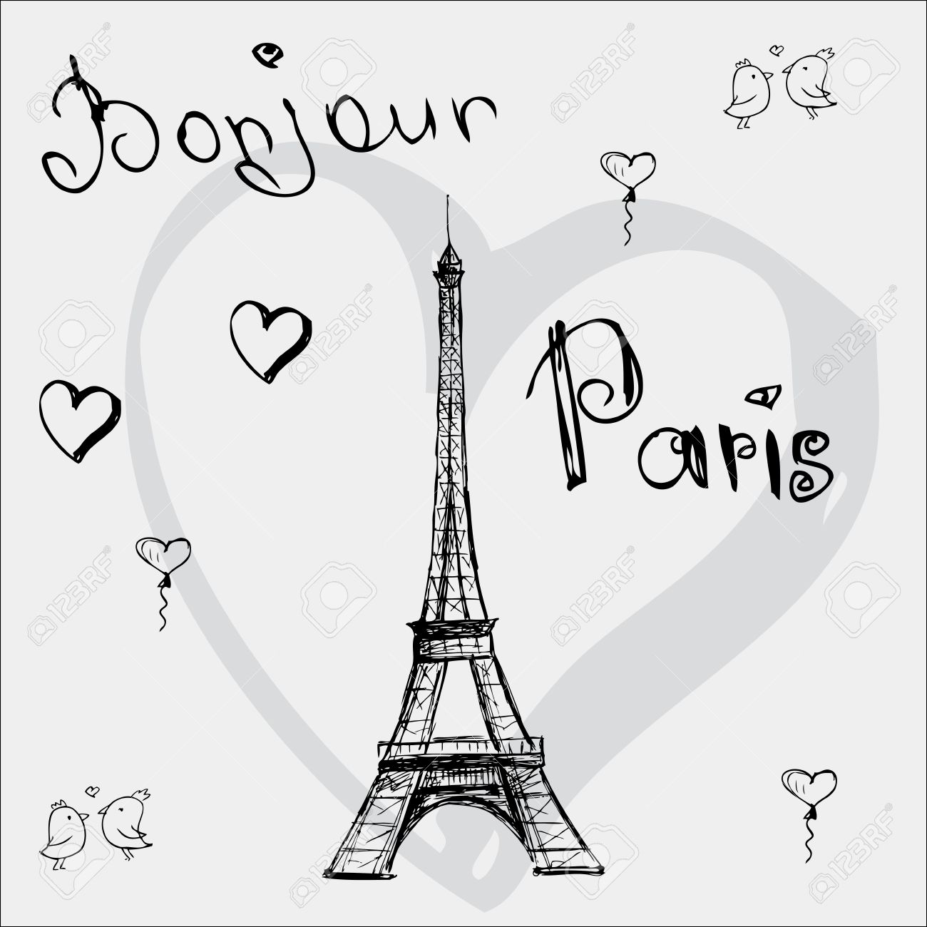 1300x1300 Vector Hand Drawn Illustration With Eiffel Tower. Bonjour Paris