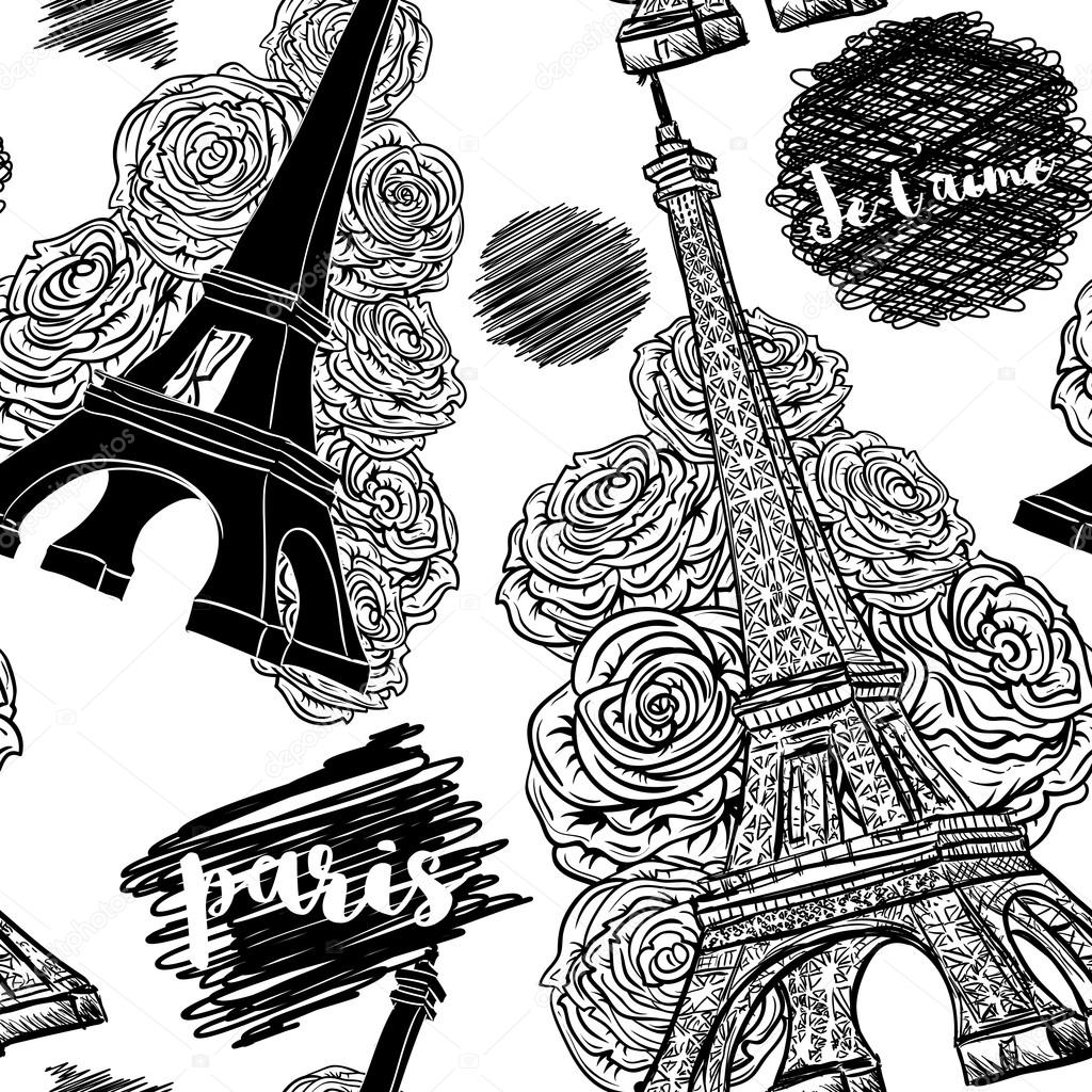 1024x1024 Paris. Vintage Seamless Pattern With Eiffel Tower, Roses And Ink