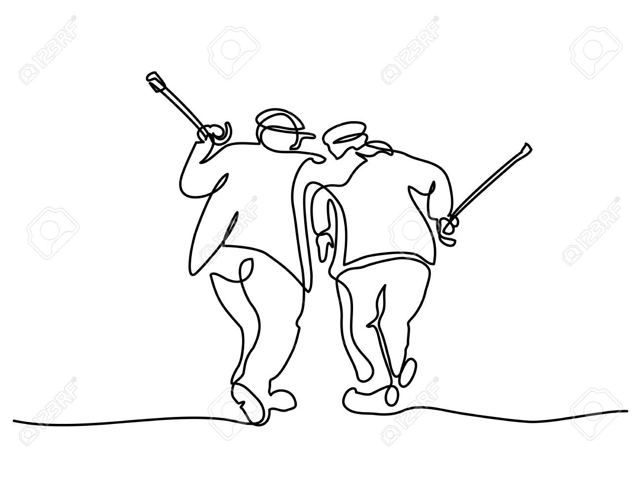 1300x975 Continuous Line Drawing. Elderly Men Friends Walking. Vector