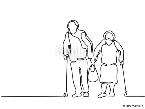 500x375 Continuous Line Drawing. Happy Elderly Couple Walking With Bag