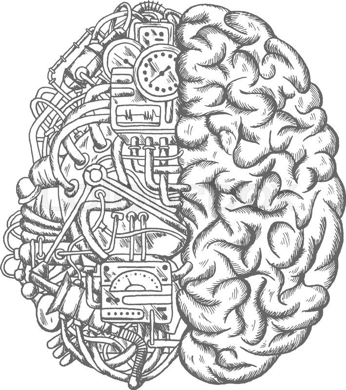 710x800 Brain Mechanism Sketch Vector Icon. Human Brain Half Of Machine