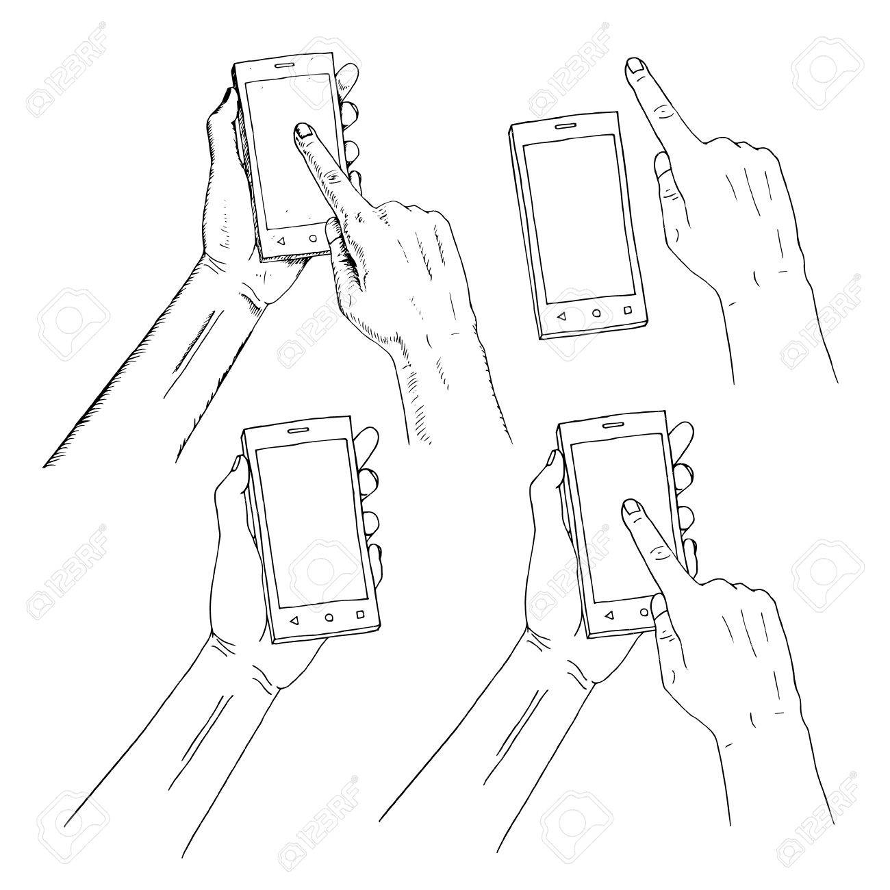 1300x1300 Drawn Hand Holding Phone. Finger On Phone Pressing On Screen